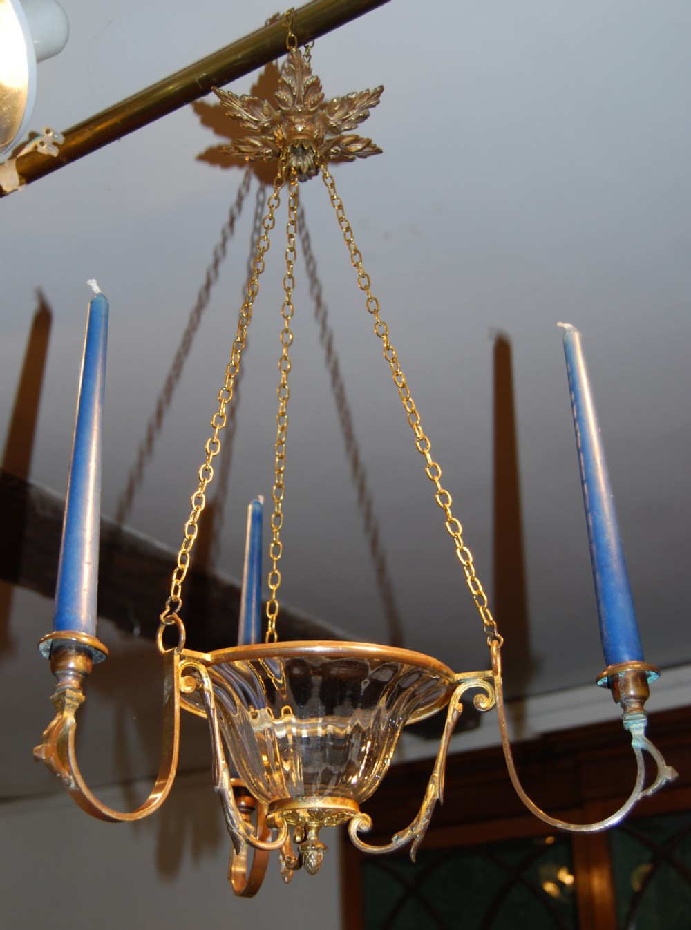 Mid 19th Century brass and glass 3 light chandelier