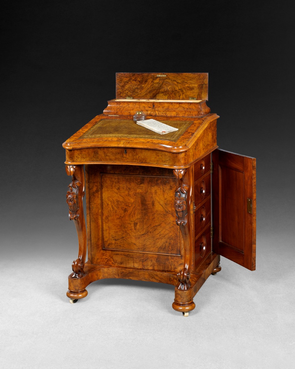  Victorian Burr Walnut Davenport with a brass galleried ink and pen cabine