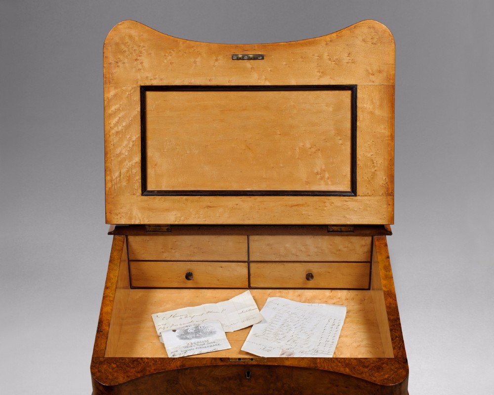  Victorian Burr Walnut Davenport with a brass galleried ink and pen cabine View II