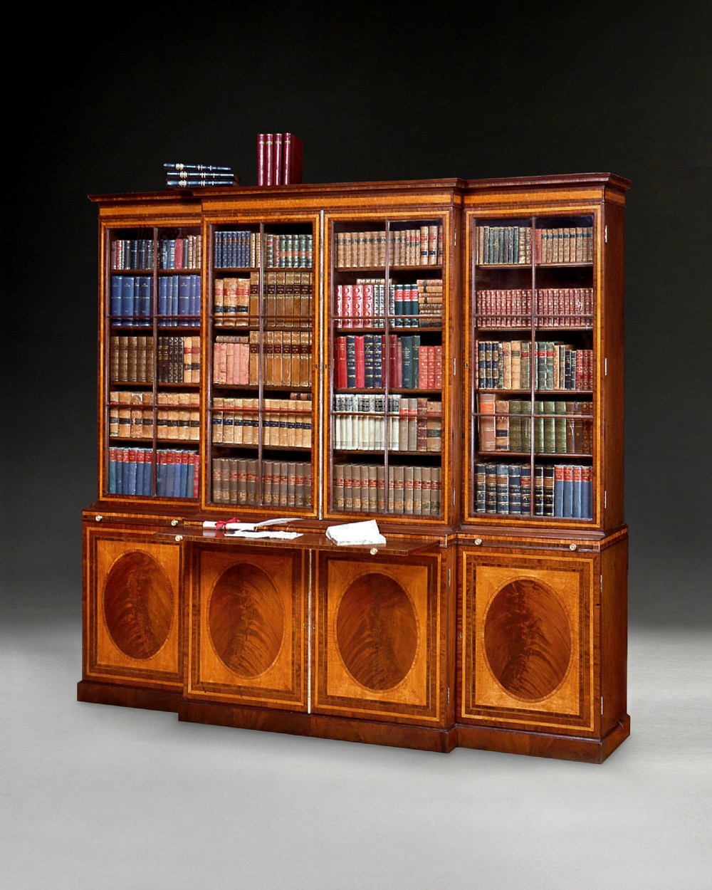 Geo III Mahogany, Satinwood, Tulipwood & Kingwood Breakfront Bookcase 