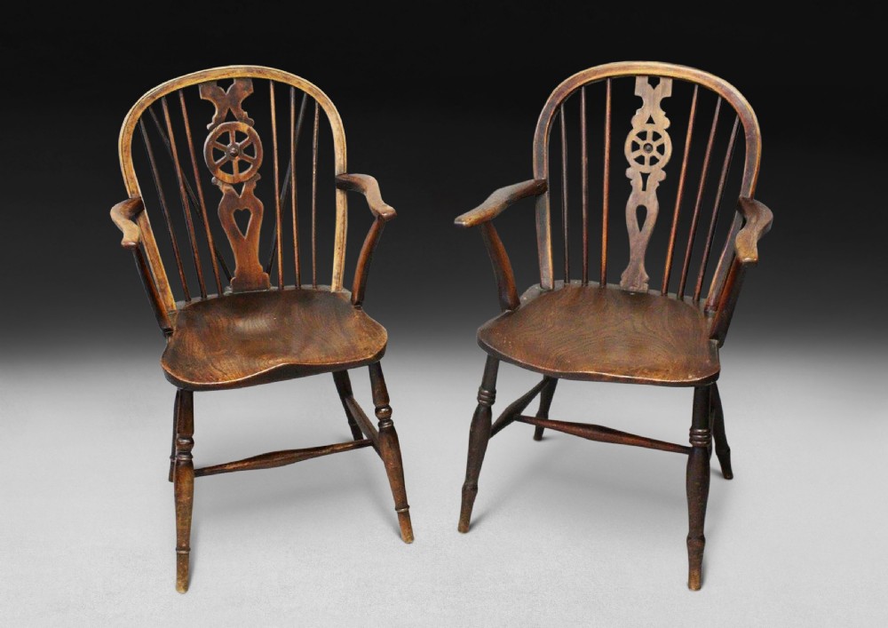 Near Pair 18th century Elm and Yew Low Wheel Back Windsor Armchairs