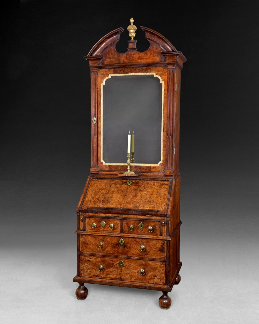 Queen Anne Burr Walnut crossbanded Bureau Bookcase