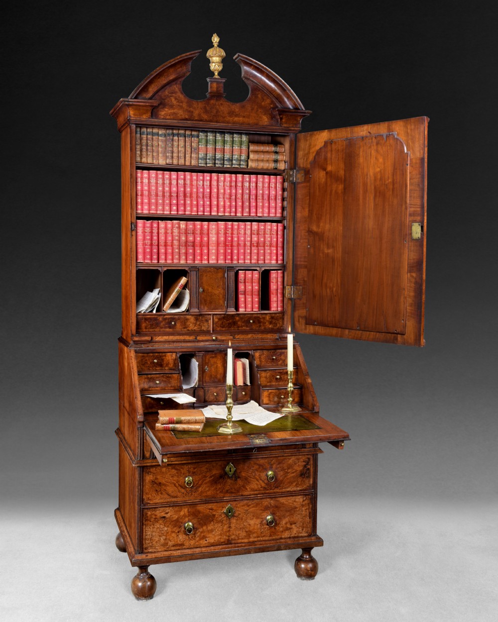 Queen Anne Burr Walnut crossbanded Bureau Bookcase View II