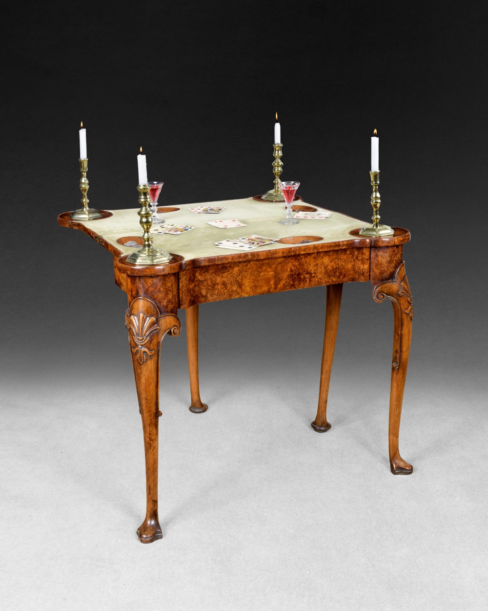 George II Burr Walnut and feather banded card table  View II