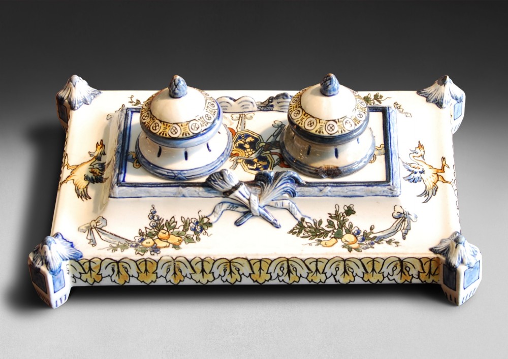 A French Faience ware Desk Piece  with inkwells from the Gien Factory, Renaissance Dragon pattern