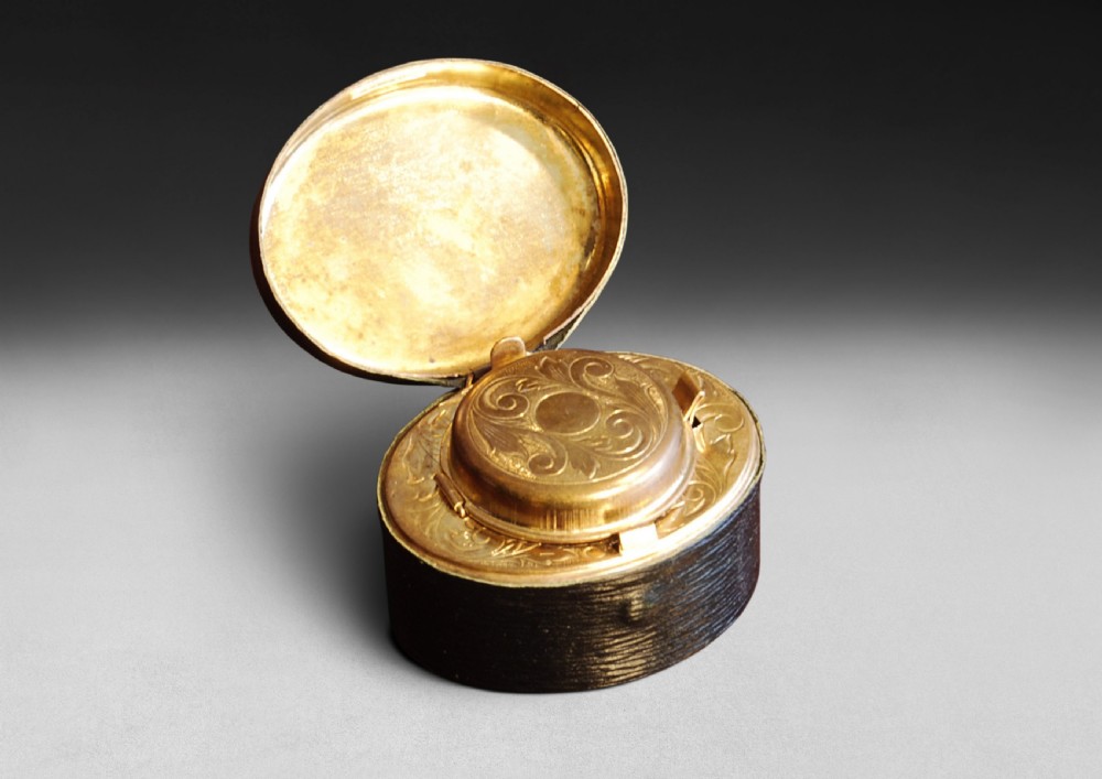 Large Black Leather cased Travelling Inkwell, ornate Brass interior
