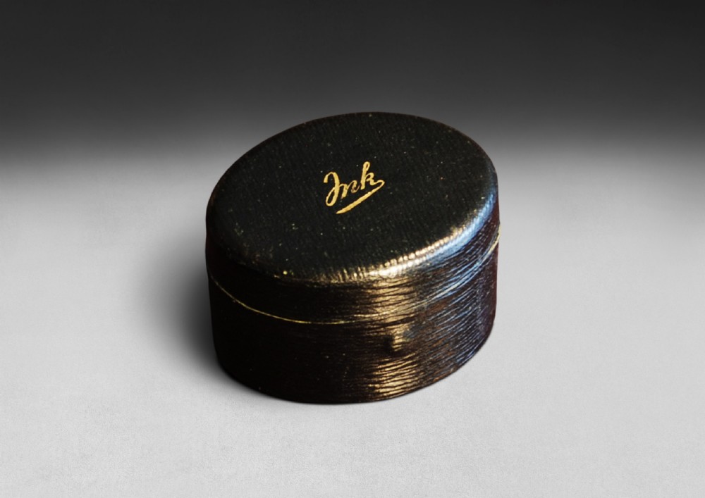Large Black Leather cased Travelling Inkwell, ornate Brass interior View II