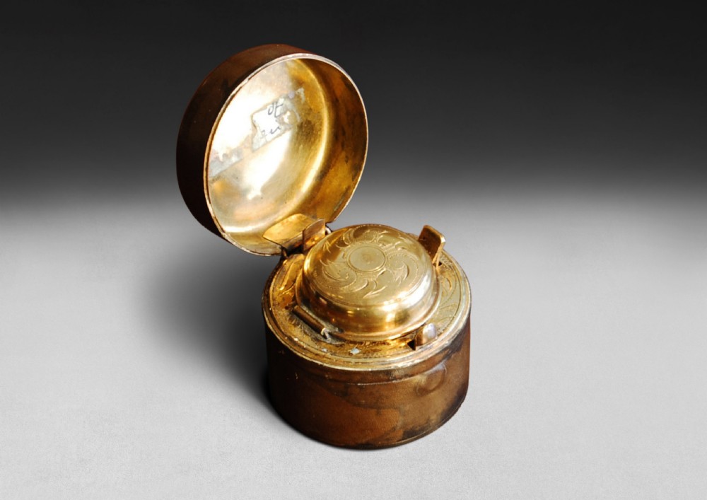 Victorian Small Brown Leather cased Travelling Inkwell, ornate brass interior