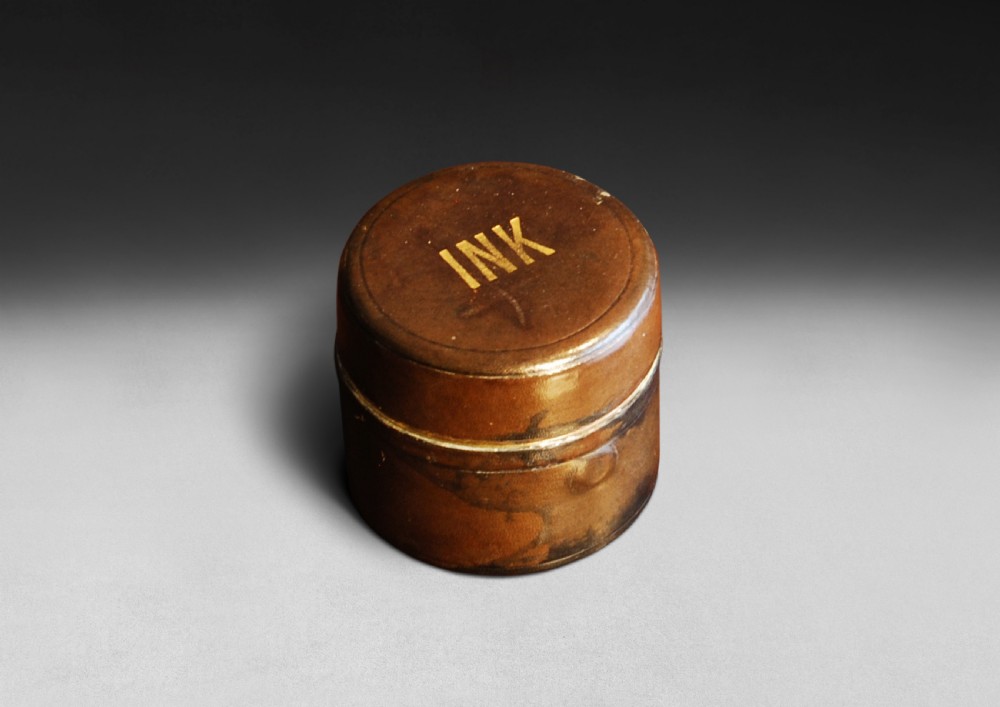 Victorian Small Brown Leather cased Travelling Inkwell, ornate brass interior View II
