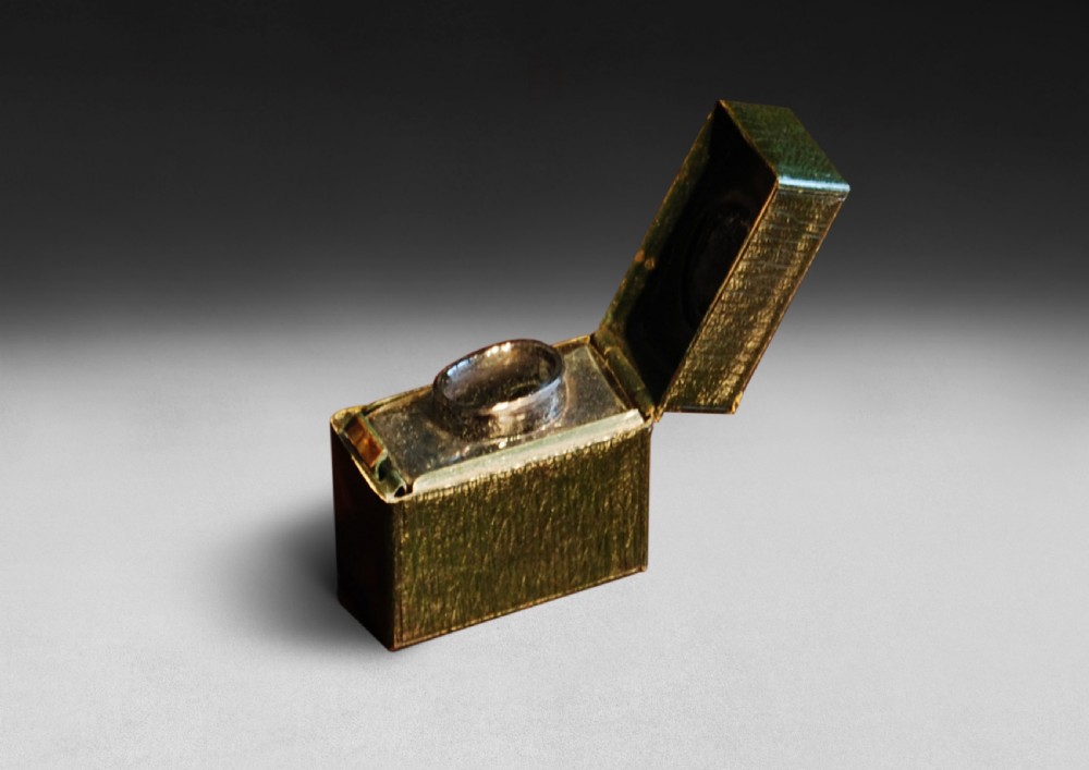 Small Rectangular Dark Green Leather cased Travelling Inkwell 