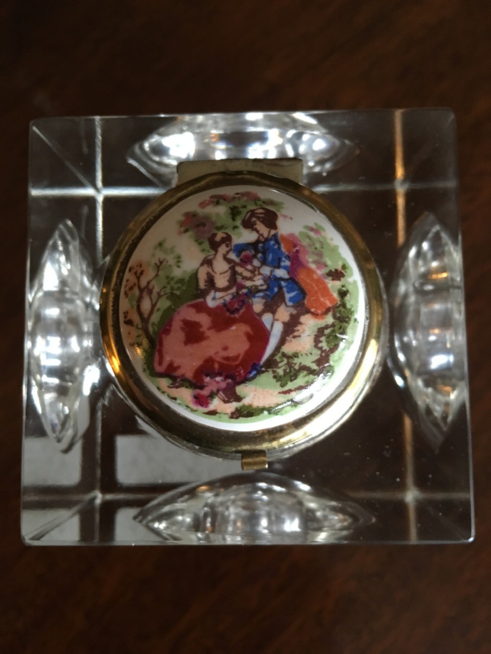 Large enamel topped Glass inkwell with concave sides and base View II