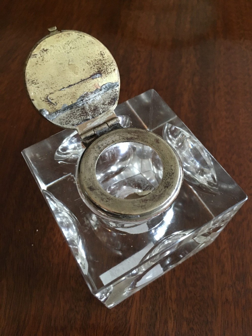 Large enamel topped Glass inkwell with concave sides and base View III