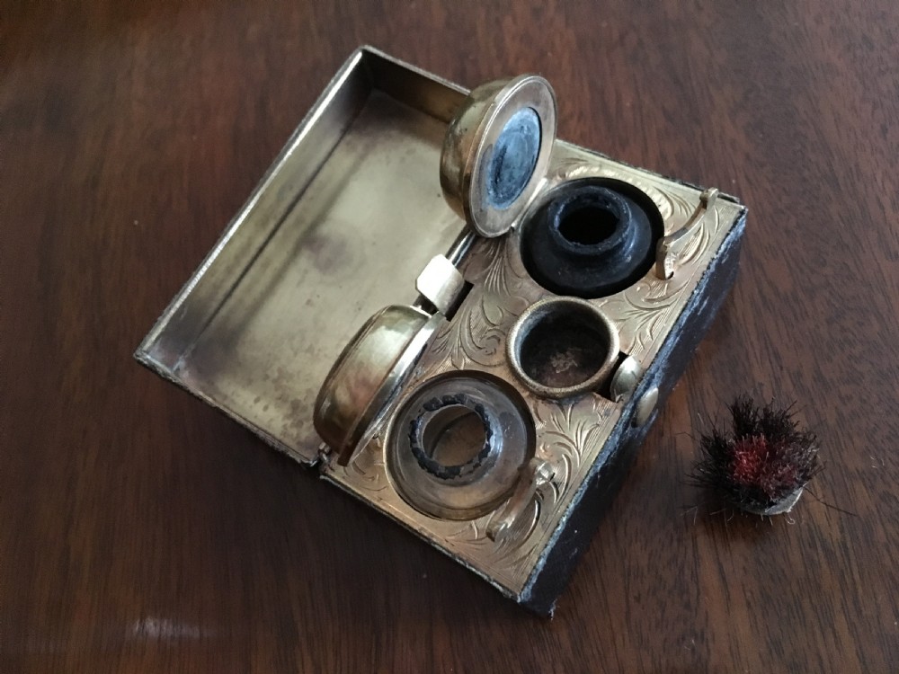 Rectangular black leather clad travelling inkwell with double wells View II