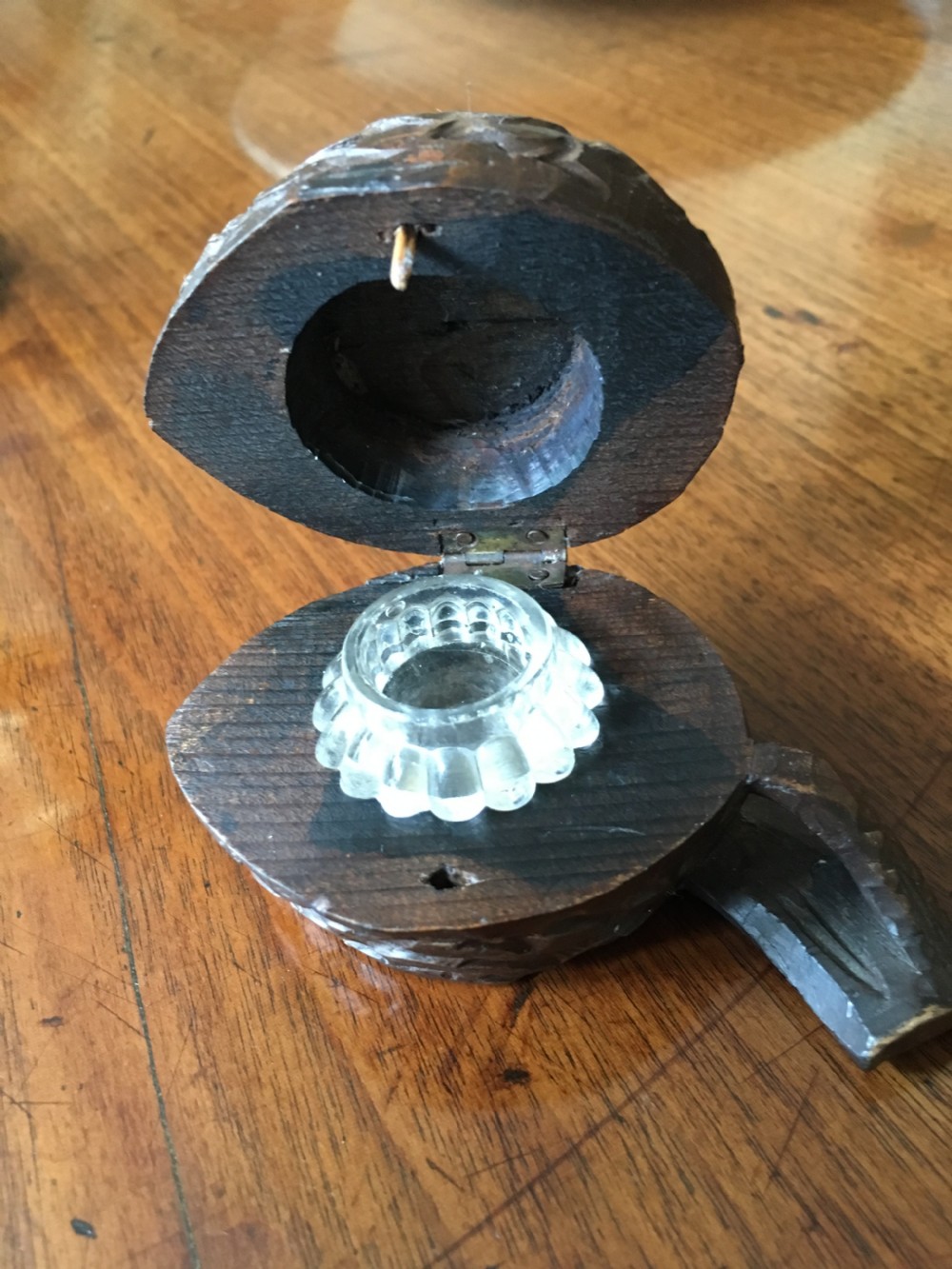 Large carved wooden inkwell in the shape of a walnut View II