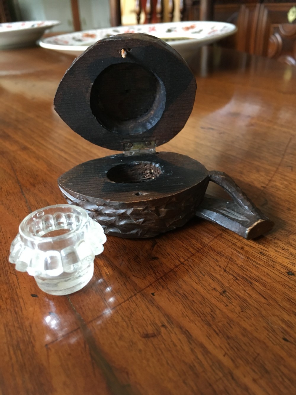 Large carved wooden inkwell in the shape of a walnut View III