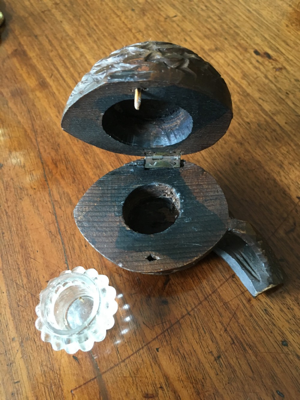 Large carved wooden inkwell in the shape of a walnut View IV