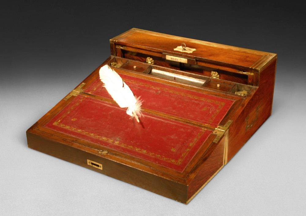 Rosewood and Brass Inlaid Regency Campaign Writing Slope View VI