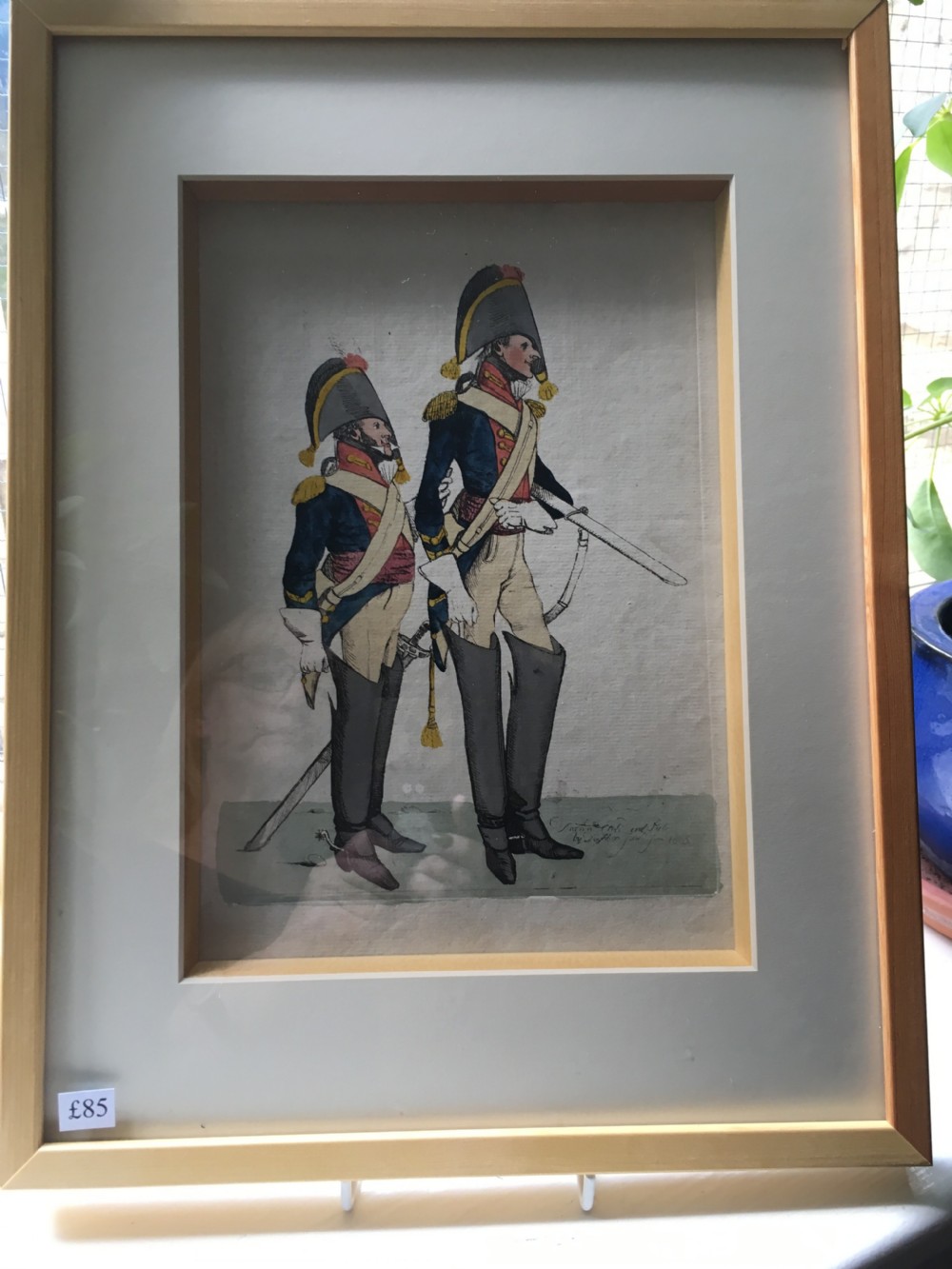 Hand coloured engraving of two soldiers 