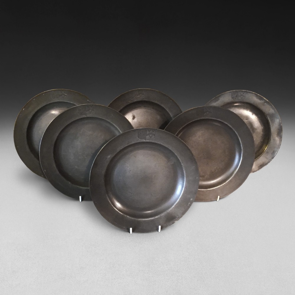 Set of six 18th century Pewter Plates with an Armorial stamp, stamped Robert Bush