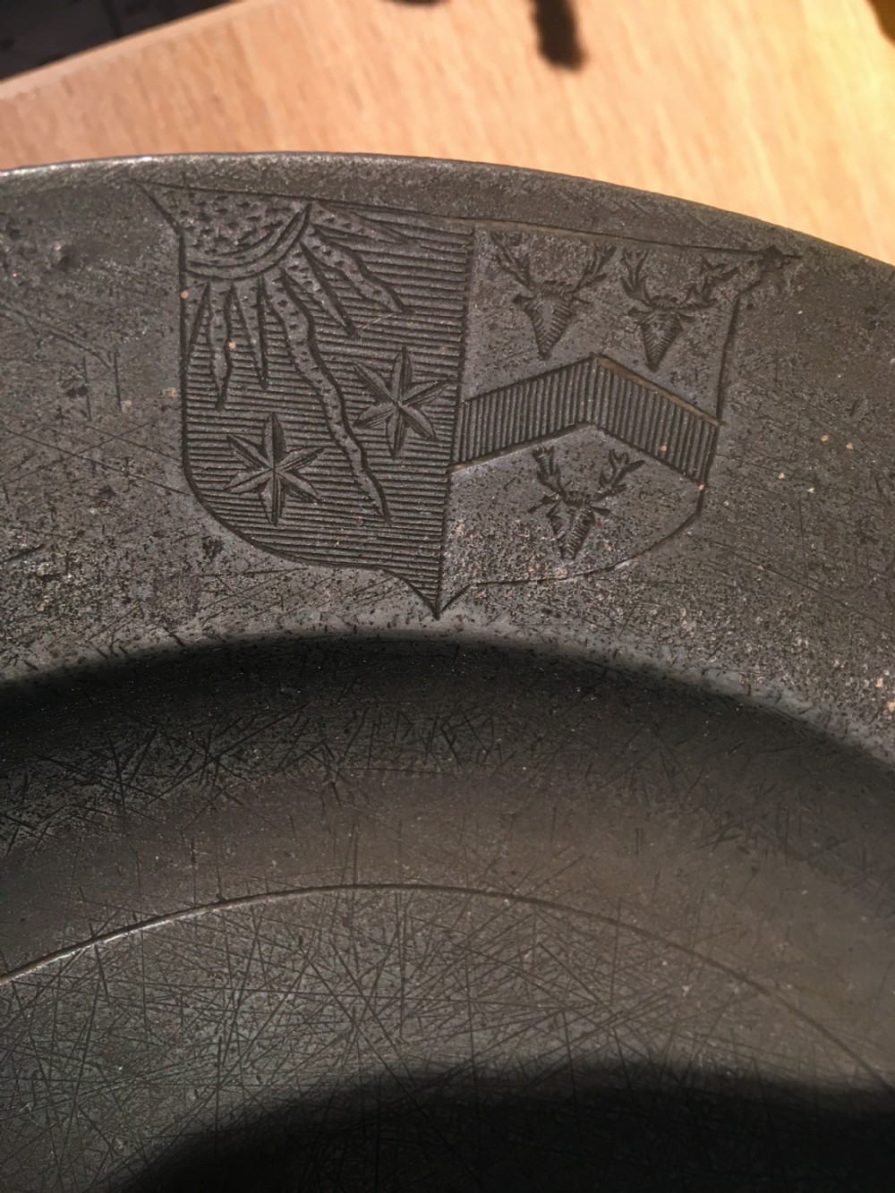 Set of six 18th century Pewter Plates with an Armorial stamp, stamped Robert Bush View II