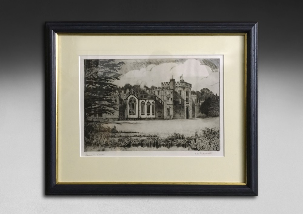 Early 20th century black and white etching, CB Prescott – Hampton Court, Herefordshire