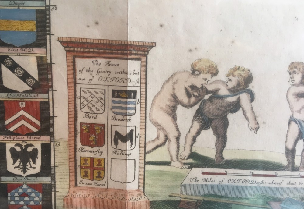 Hand coloured engraved map of Oxfordshire by Robert Plot View III