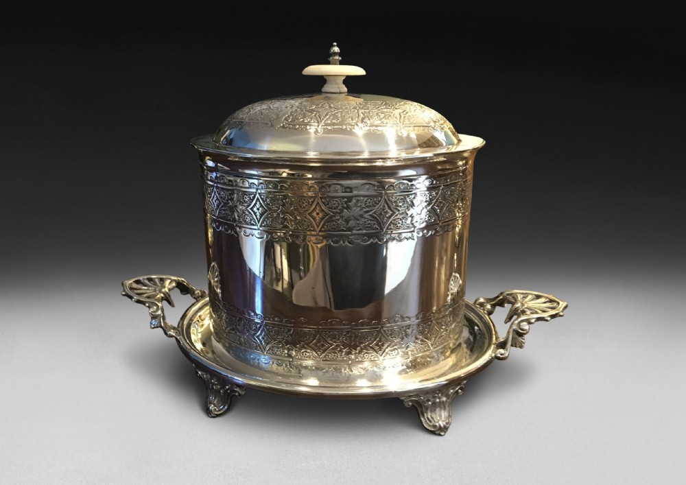 Victorian Silver Plated Oval Biscuit Barrel on stand by Walker & Hall.