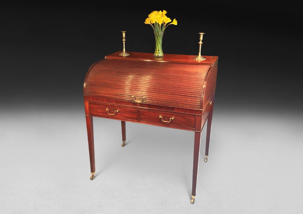 George III Period Mahogany Tambour Writing Table or Cylinder Bureau