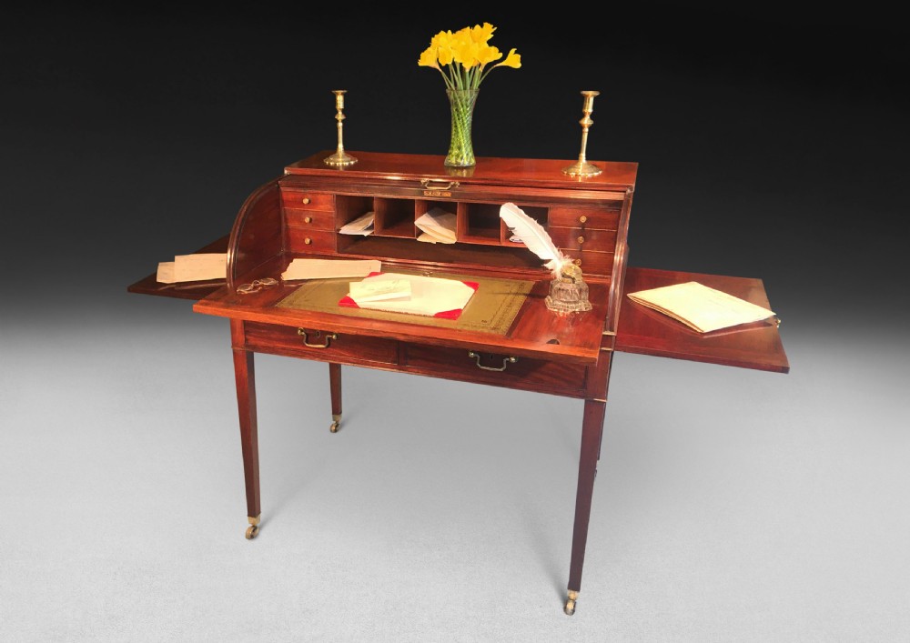 George III Period Mahogany Tambour Writing Table or Cylinder Bureau View II