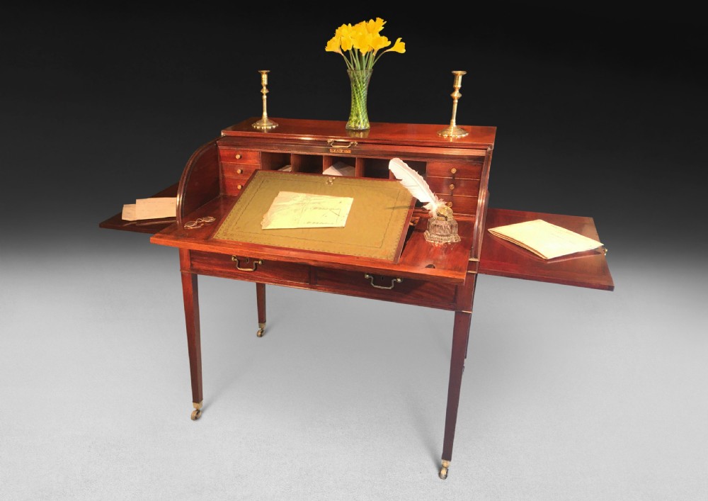 George III Period Mahogany Tambour Writing Table or Cylinder Bureau View III