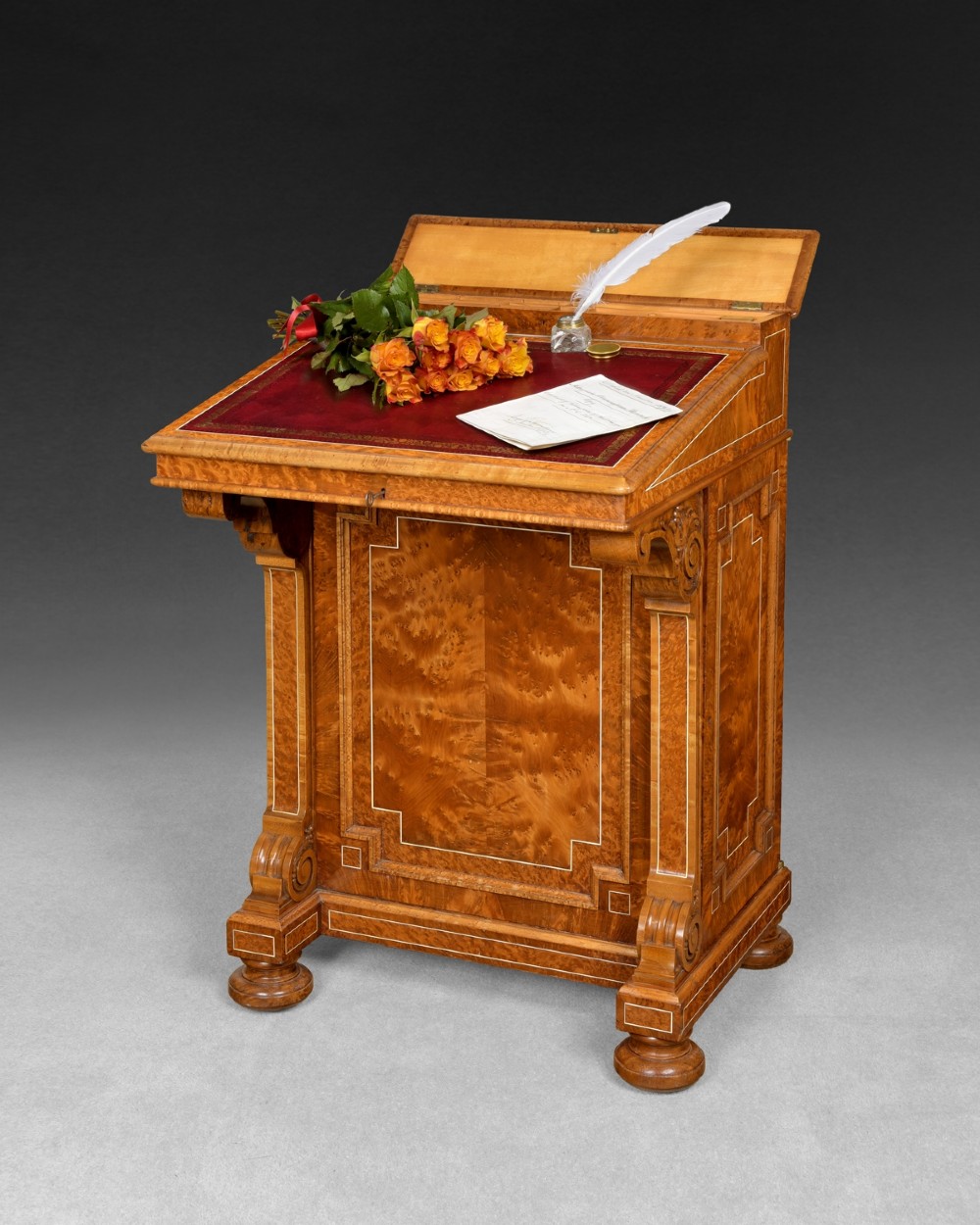 Mid 19th. Century Inlaid Amboyna Davenport desk stamped J & T Scott, 10 George Street, Edinburgh