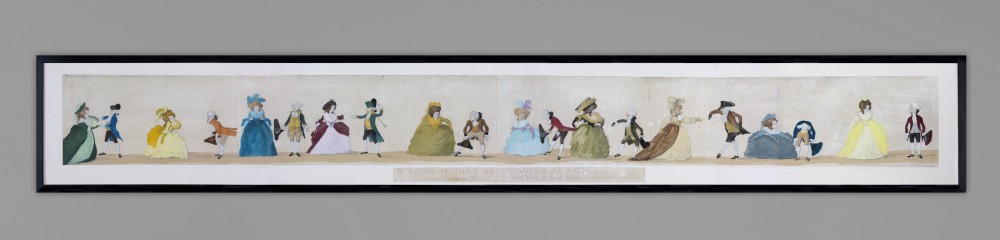 A long horizontal framed Georgian engraving depicting a satirical procession of figures dancing the minuet in colourful 18th-century attire.