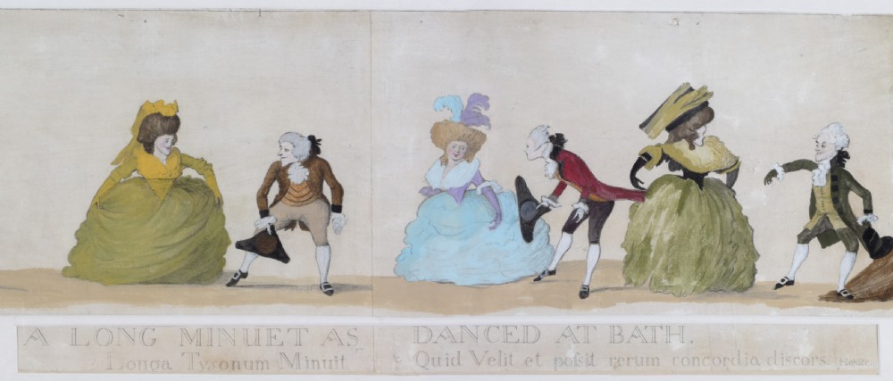 A long horizontal framed Georgian engraving depicting a satirical procession of figures dancing the minuet in colourful 18th-century attire. View IV