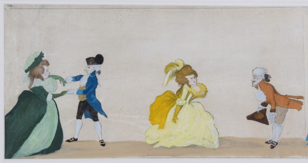 A long horizontal framed Georgian engraving depicting a satirical procession of figures dancing the minuet in colourful 18th-century attire. View V