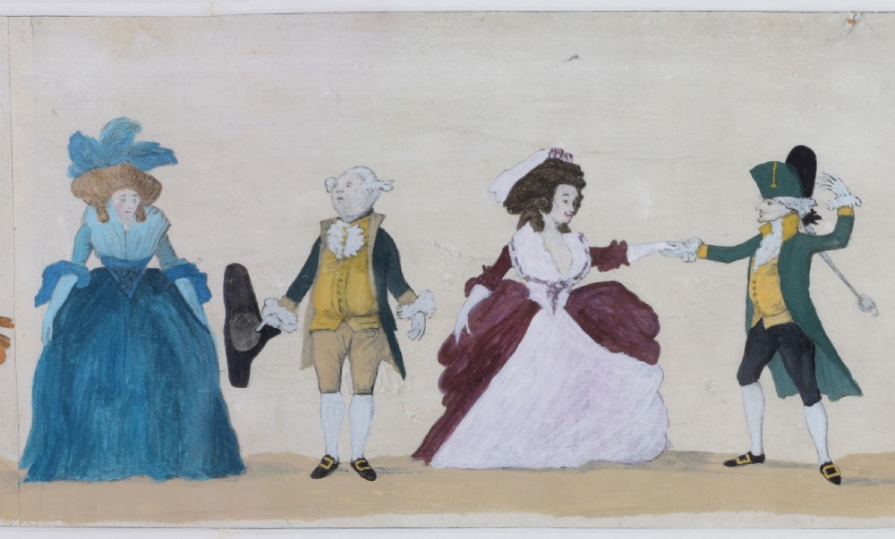 A long horizontal framed Georgian engraving depicting a satirical procession of figures dancing the minuet in colourful 18th-century attire. View VI