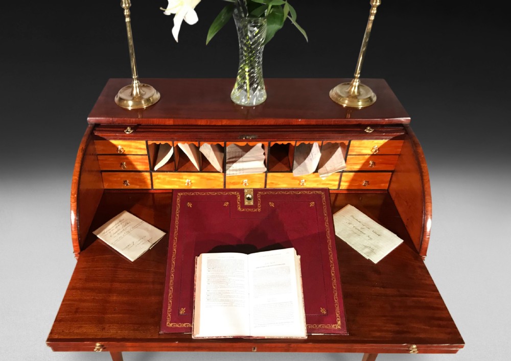 George III Mahogany and Satinwood Tambour Writing Table View II