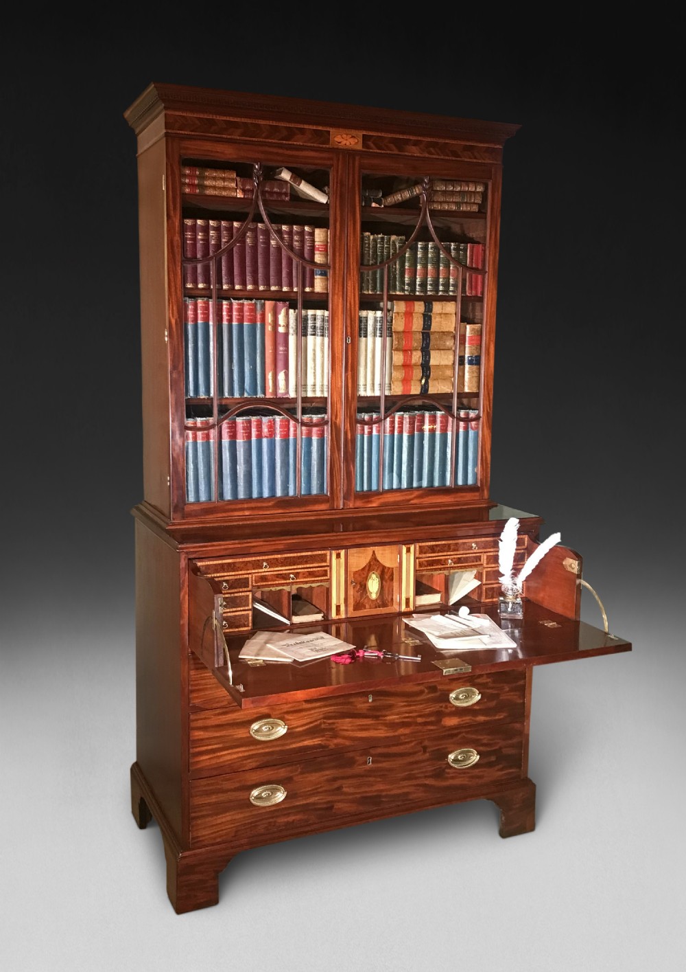 George III Period Mahogany and inlaid Secretaire Bookcase