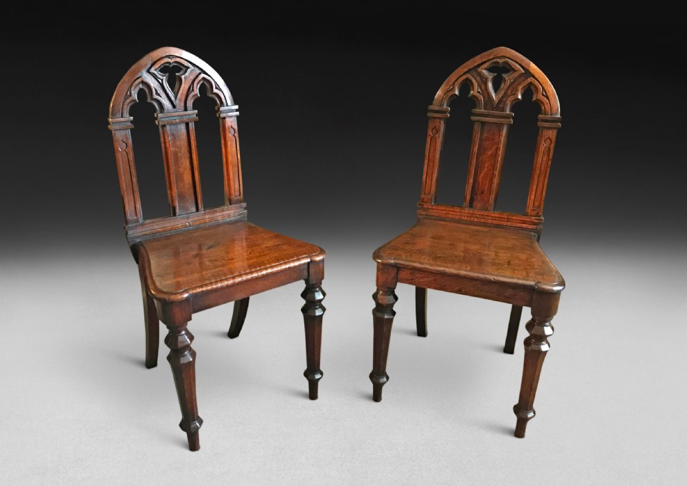 Pair of William IV Oak Gothic Hall Chairs View VI