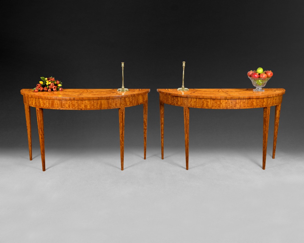 A Pair of 19th. Century Neo-Classical Marquetry Inlaid Satinwood Demi-Lune Console Tables