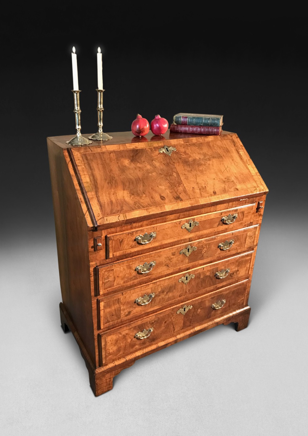 George I Period Feather Banded and Cross Banded Figured Walnut Bureau