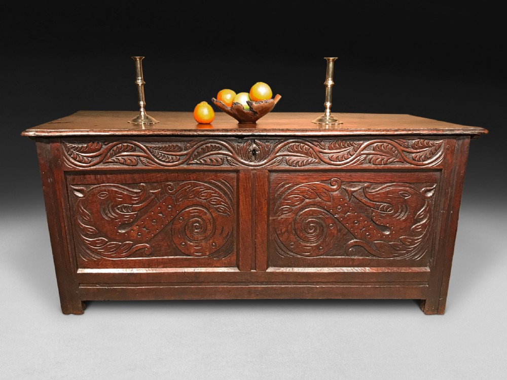 Charles II Serpent Carved Oak Coffer View II