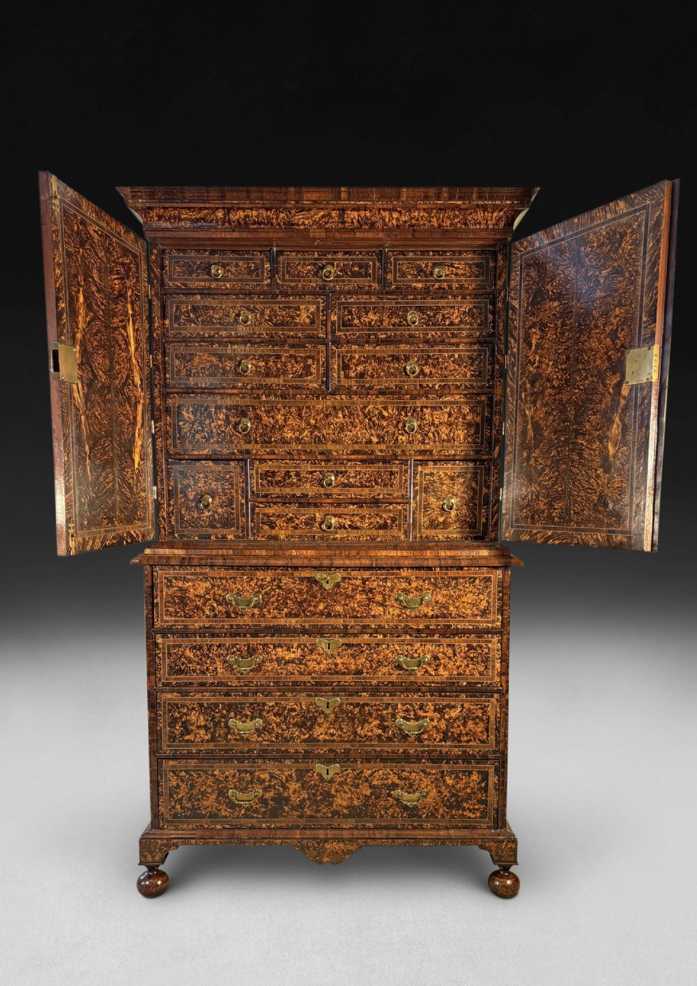 Coxed and Woster George I Burr Maple Secretaire Chest and Cabinet