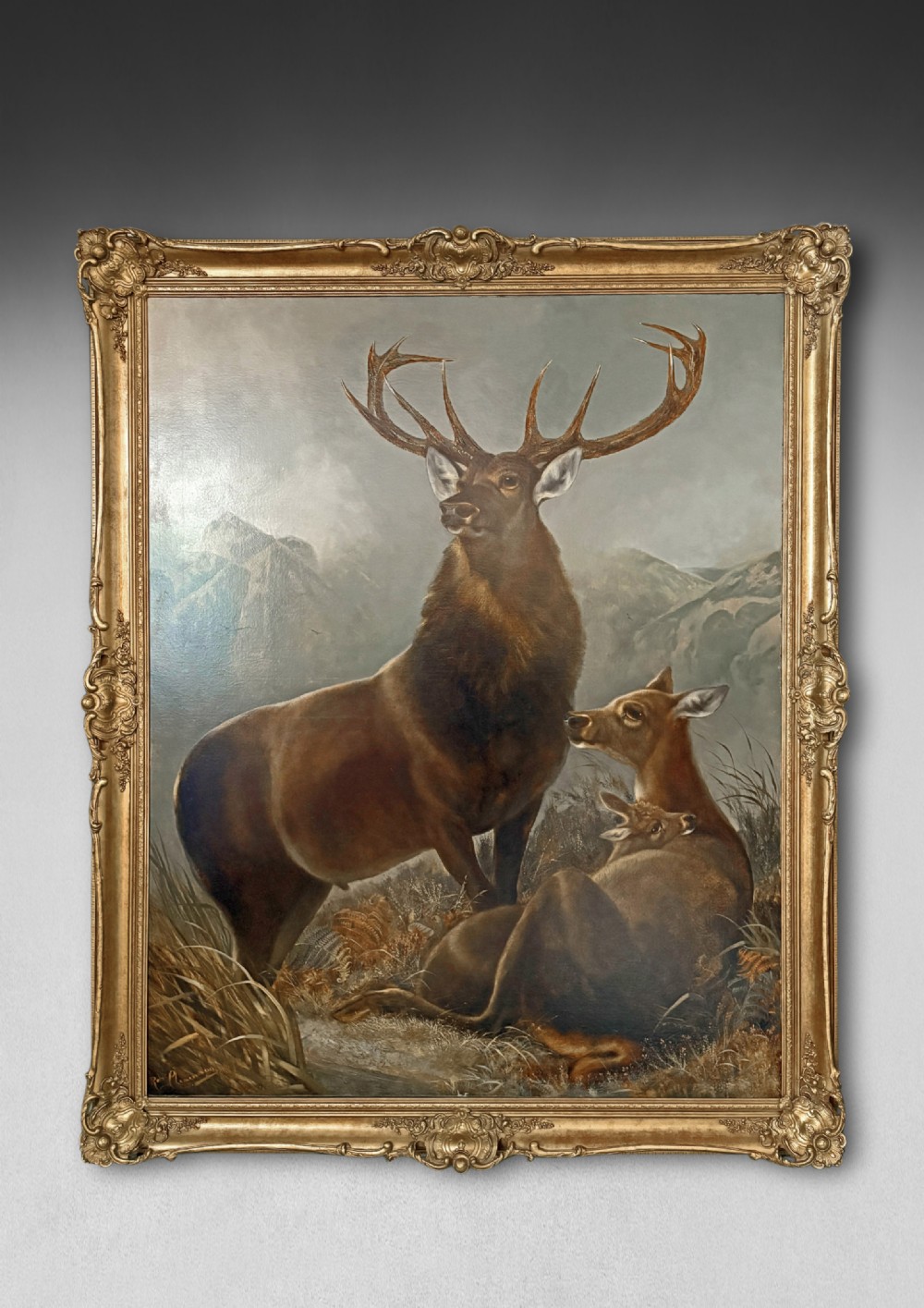 Oil on Canvas Painting by Robert Cleminson, Royal Stag, Hind and Fawn in a Highland landscape