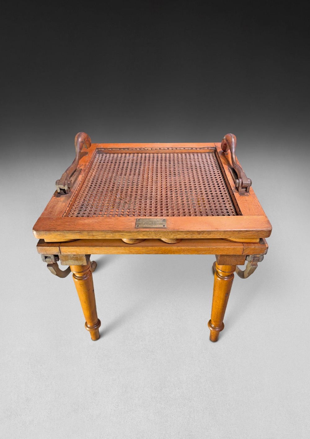 A mid-19th-century wooden campaign armchair with a woven cane back and seat, brass corner mounts, turned legs, and extendable curved handles. View IV