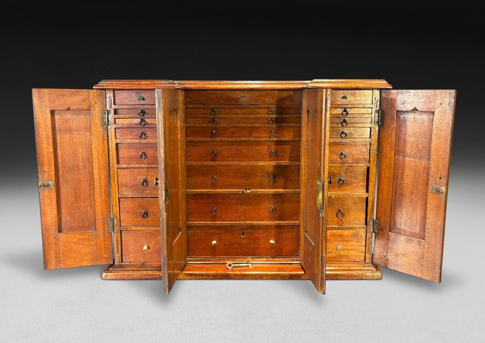 A nineteenth-century oak tabletop collectors cabinet featuring breakfront doors with carved Gothic arch panels and turned wooden knobs. View V
