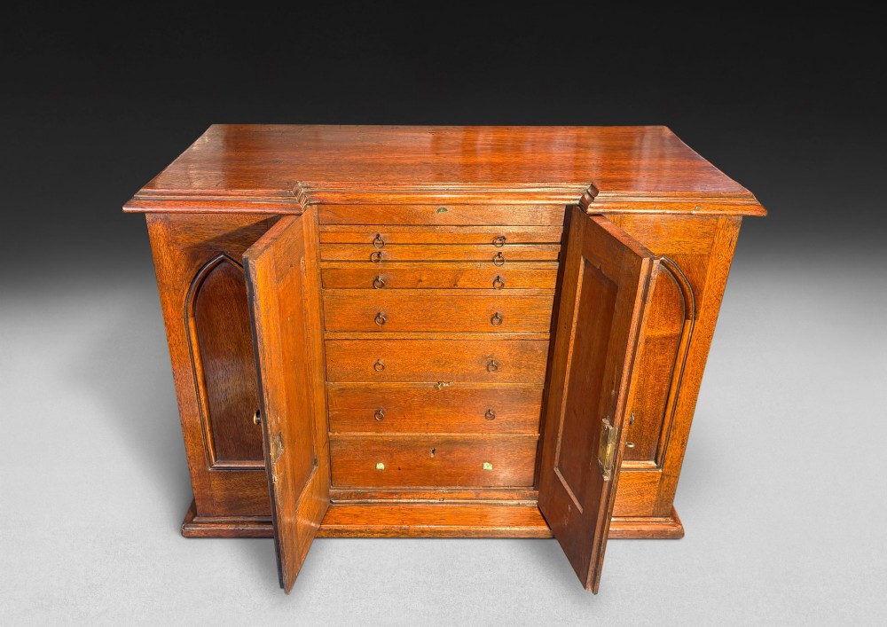 A nineteenth-century oak tabletop collectors cabinet featuring breakfront doors with carved Gothic arch panels and turned wooden knobs. View VII