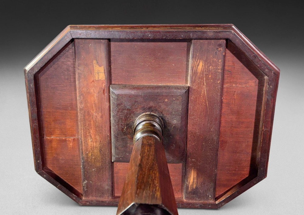 An antique Regency rosewood octagonal wine table with a faceted central column and a carved quadform base. View III