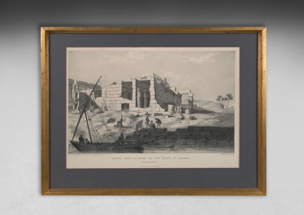 A set of eight 19th-century framed lithographs depicting ancient Egyptian temples, monuments, and landscapes, presented in gilt frames with dark grey mounts. View VII