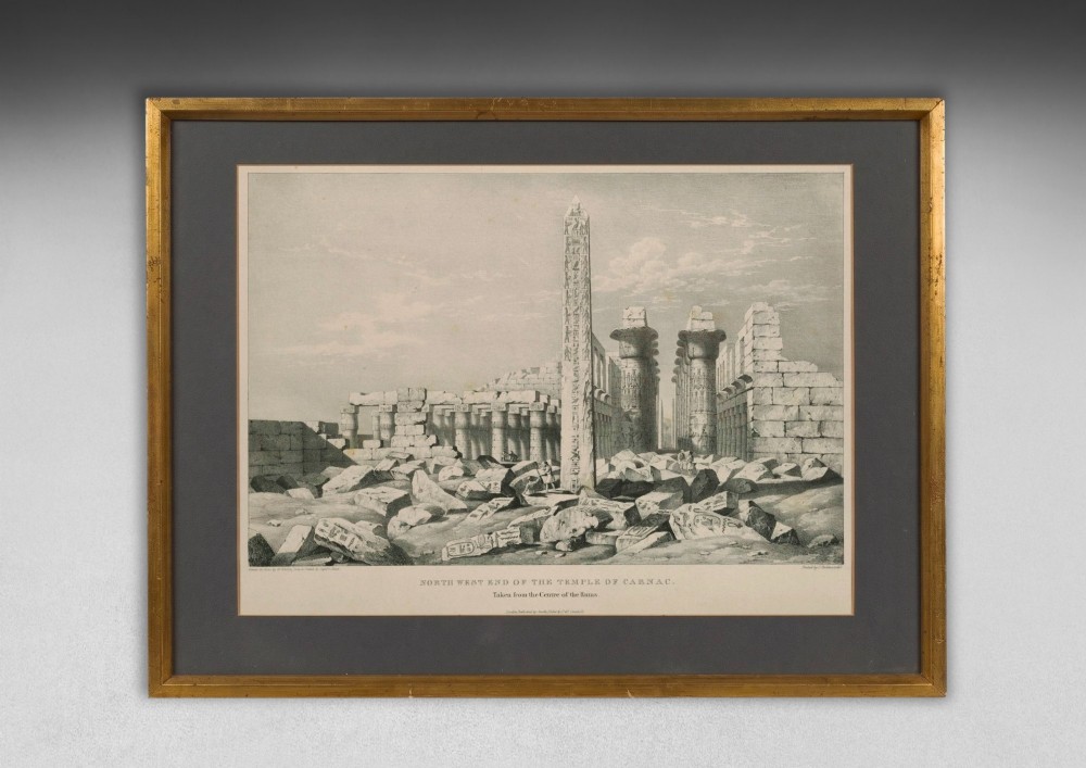 A set of eight 19th-century framed lithographs depicting ancient Egyptian temples, monuments, and landscapes, presented in gilt frames with dark grey mounts. View VIII
