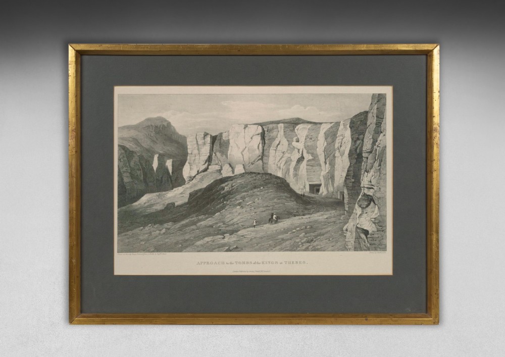 A set of eight 19th-century framed lithographs depicting ancient Egyptian temples, monuments, and landscapes, presented in gilt frames with dark grey mounts. View IX